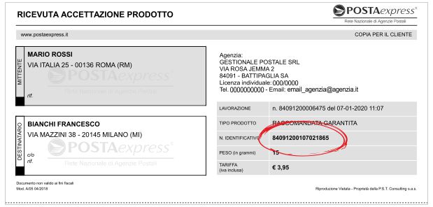 Ricevuta Accettazione Prodotto stampata dal Gestionale Postale.